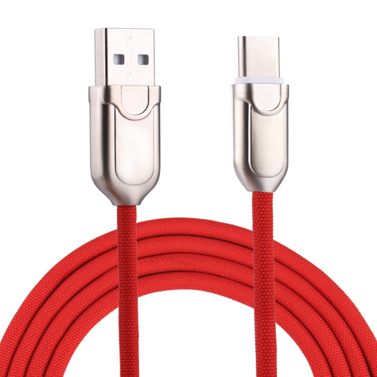 Red braided USB-A to USB-C charging cable with metal USB connectors