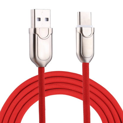 Red braided USB-A to USB-C charging cable with metal USB connectors