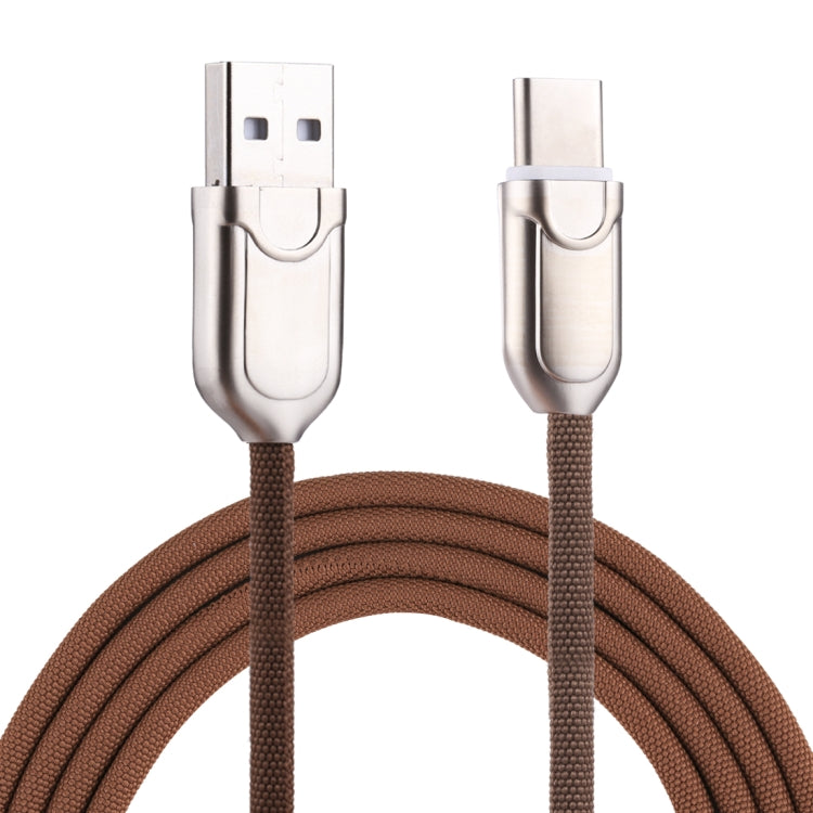 Brown braided USB-A to USB-C charging cable with metal USB connectors