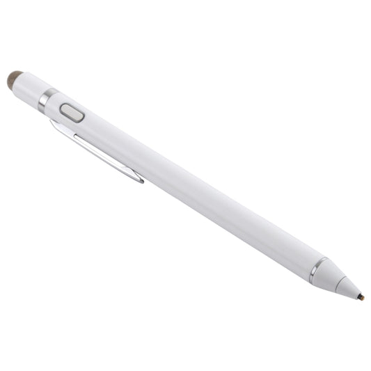 White rechargeable capacitive touch stylus pen with rubber tip and side button