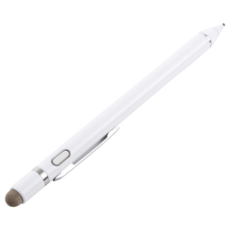 White stylus pen with rubber tip and side clip, close-up angle