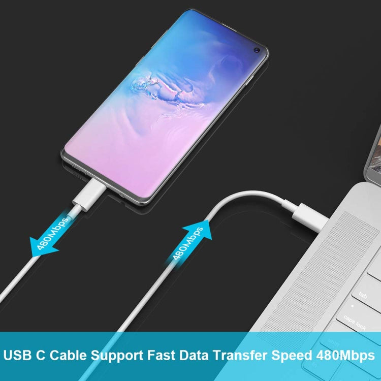 USB-C cable connects a phone and a power source device with white plugs