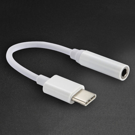 White USB-C male to 3.5mm audio female adapter cable, 12.5 cm