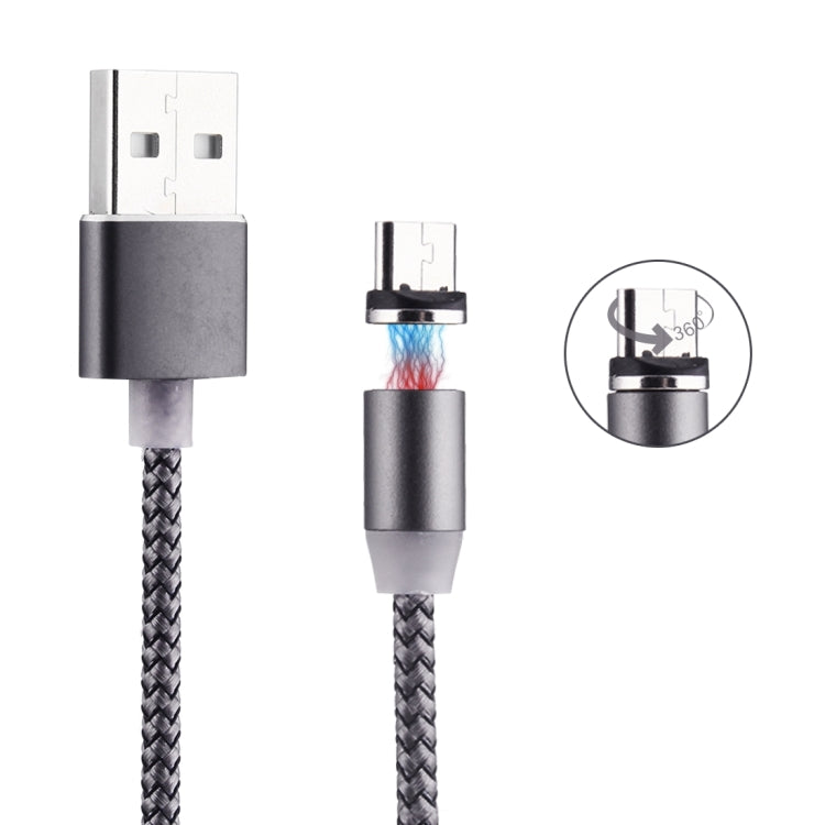 Micro USB magnetic charging cable, USB-A and Micro USB, nylon braided, grey, LED.