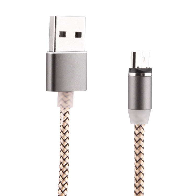 Micro USB magnetic charging cable with LED indicator, nylon braided, grey connectors.