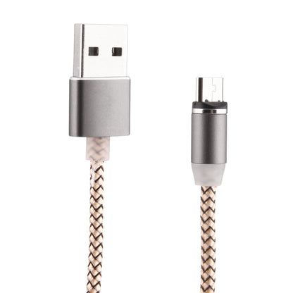 Micro USB magnetic charging cable with LED indicator, nylon braided, grey connectors.