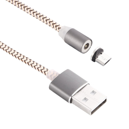Micro USB magnetic charging cable, nylon braided, grey USB-A and pin-ready plugs.