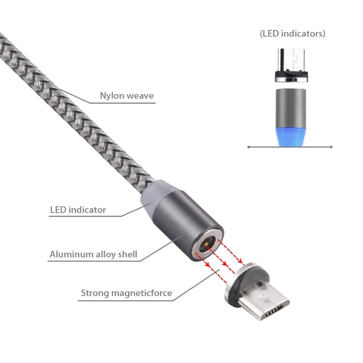 Micro USB magnetic charging cable with LED indicator, grey aluminum shell, nylon weave.