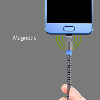 Magnetic charging cable held to phone bottom port, LED glow, nylon braided.