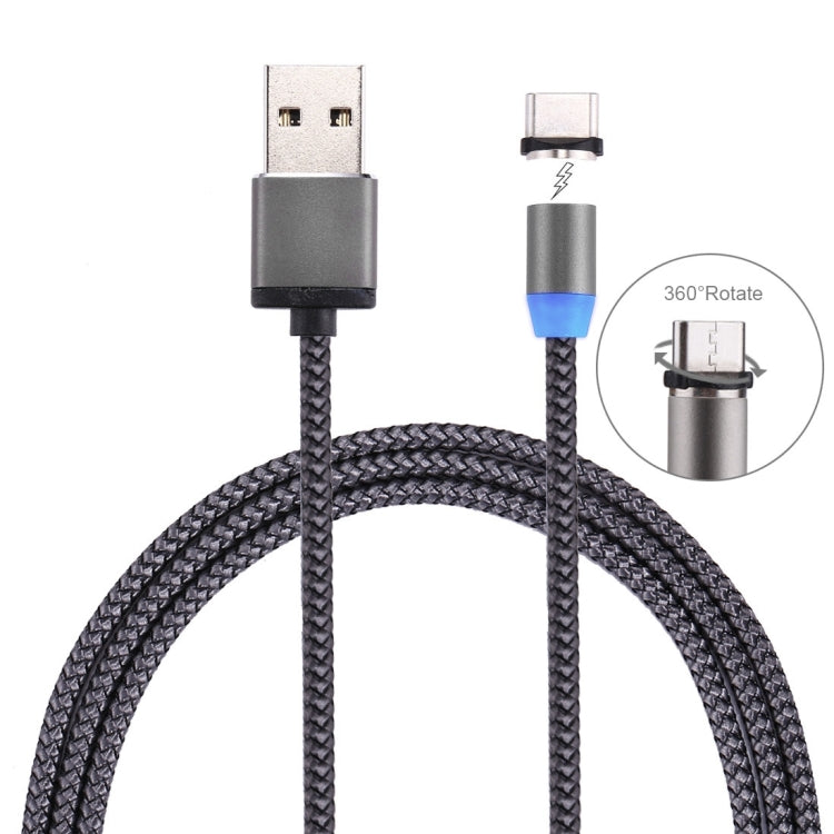 Braided magnetic USB-C to USB 2.0 charging cable with LED on grey connectors and 360° tip