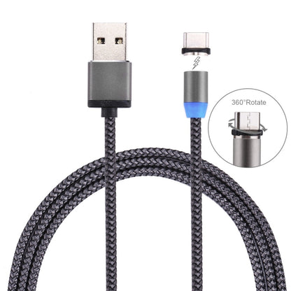Braided magnetic USB-C to USB 2.0 charging cable with LED on grey connectors and 360° tip