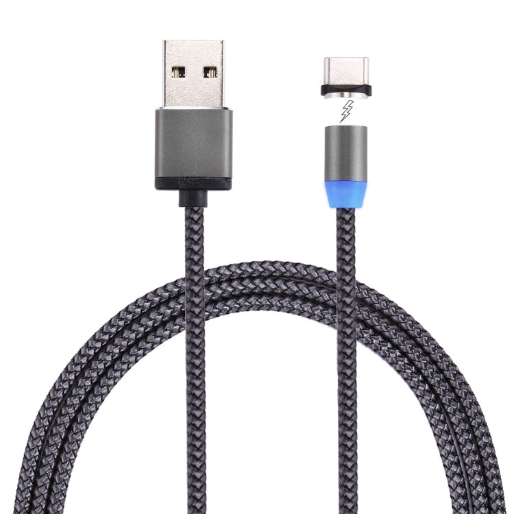 Braided magnetic USB-C to USB 2.0 charging cable with LED on grey connectors and blue ring