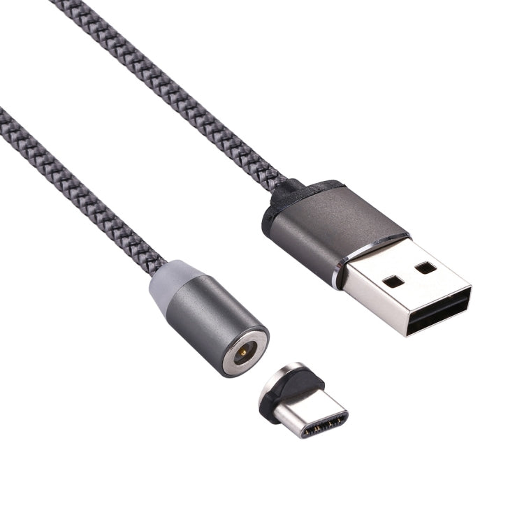 Magnetic USB-C charging cable with USB-A and USB-C ends, grey metal housings, braided