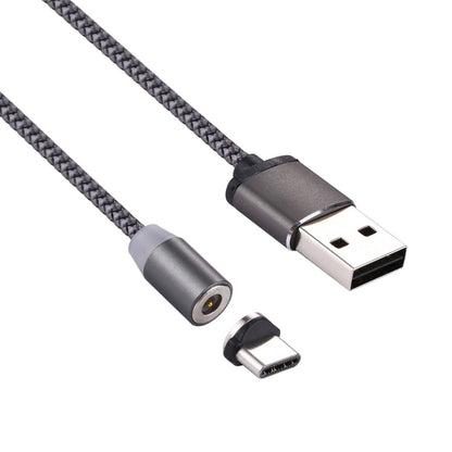 Magnetic USB-C charging cable with USB-A and USB-C ends, grey metal housings, braided