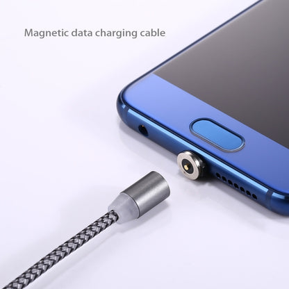 Magnetic charging cable with USB-C and USB-A ends, braided cord connecting to phone