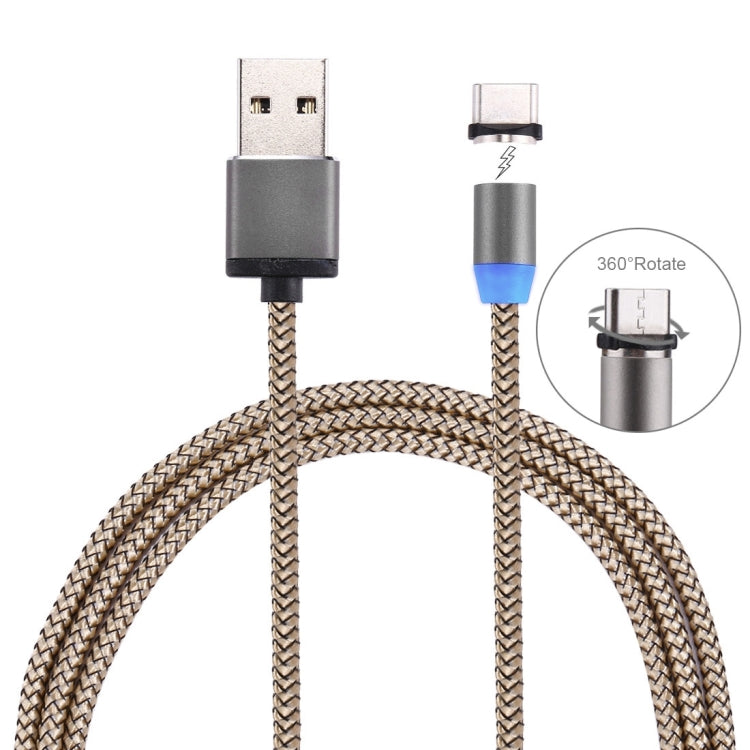 Gold-toned braided magnetic USB-C to USB 2.0 charging cable with LED on grey connectors