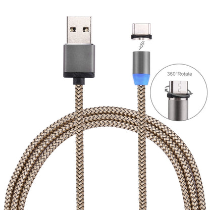 Gold-toned braided magnetic USB-C to USB 2.0 charging cable with LED on grey connectors