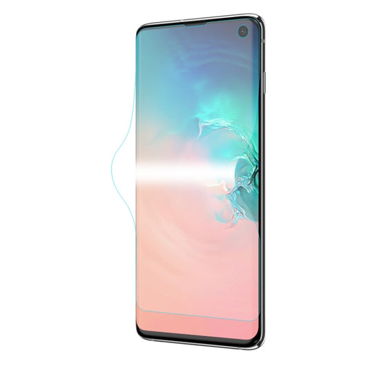 Galaxy S10 full-screen hydrogel screen protector film on phone, clear with blue-pink tint