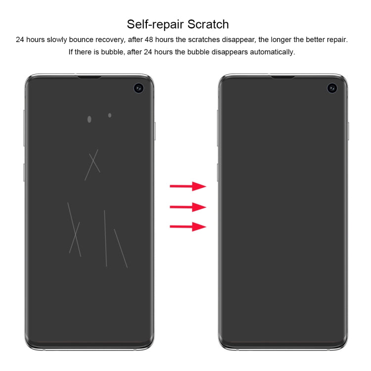Galaxy S10 phone with hydrogel screen protector showing scratch repair recovery
