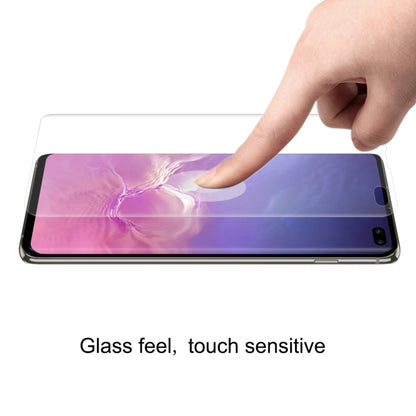 Hydrogel screen protector for Galaxy S10+ being applied across the display