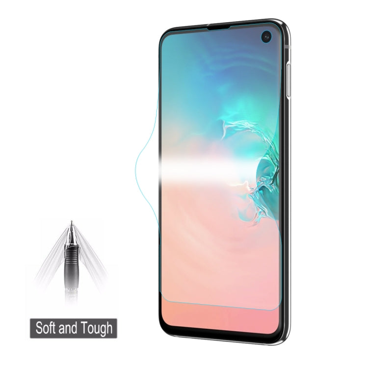 Galaxy S10e hydrogel screen protector film shown on phone front, full coverage