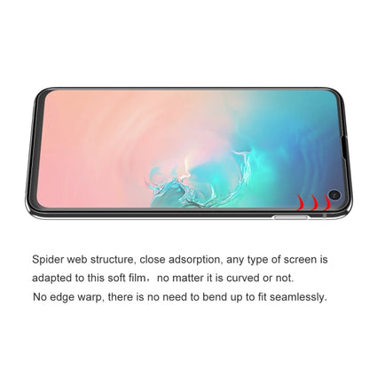 Galaxy S10e hydrogel screen protector on phone screen edge with close coverage