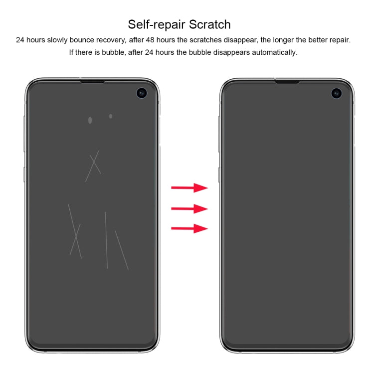 Galaxy S10e hydrogel screen protector showing self-repair scratch test panels