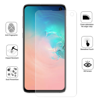 Galaxy S10e hydrogel screen protector fitted on phone with full-screen overlay