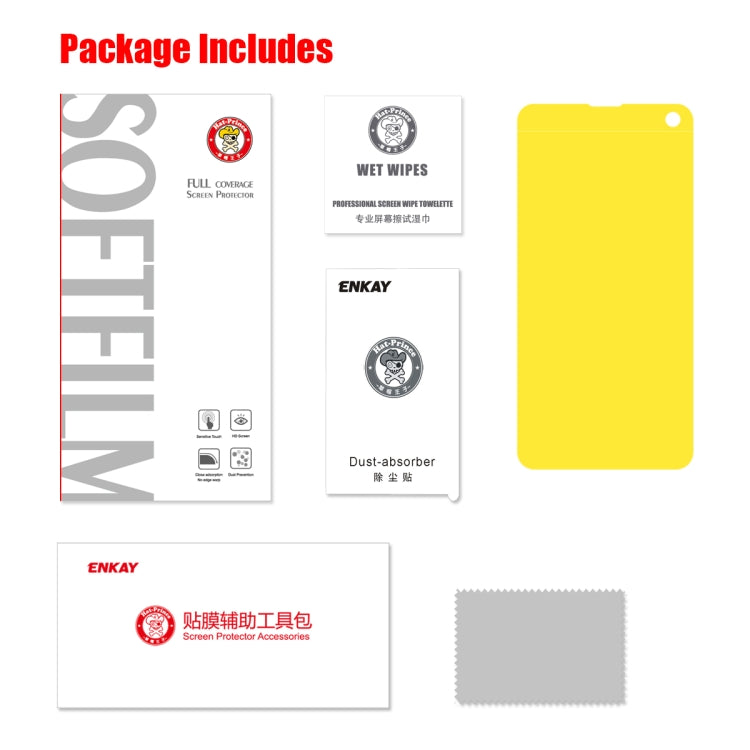 Package contents for Galaxy S10e hydrogel screen protector: ENKAY wipes and cloth