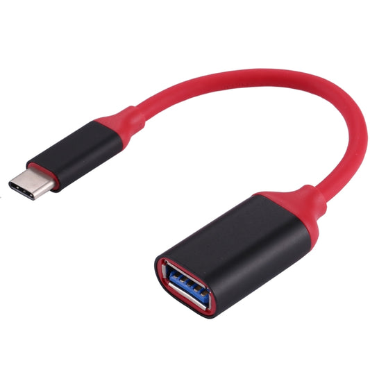 USB-C to USB 3.0 OTG adapter cable, red cord with black USB-C and USB-A ends