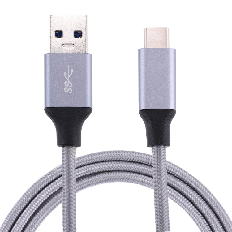 USB-C to USB 3.0 braided charging cable with silver USB-C plug and USB-A connector