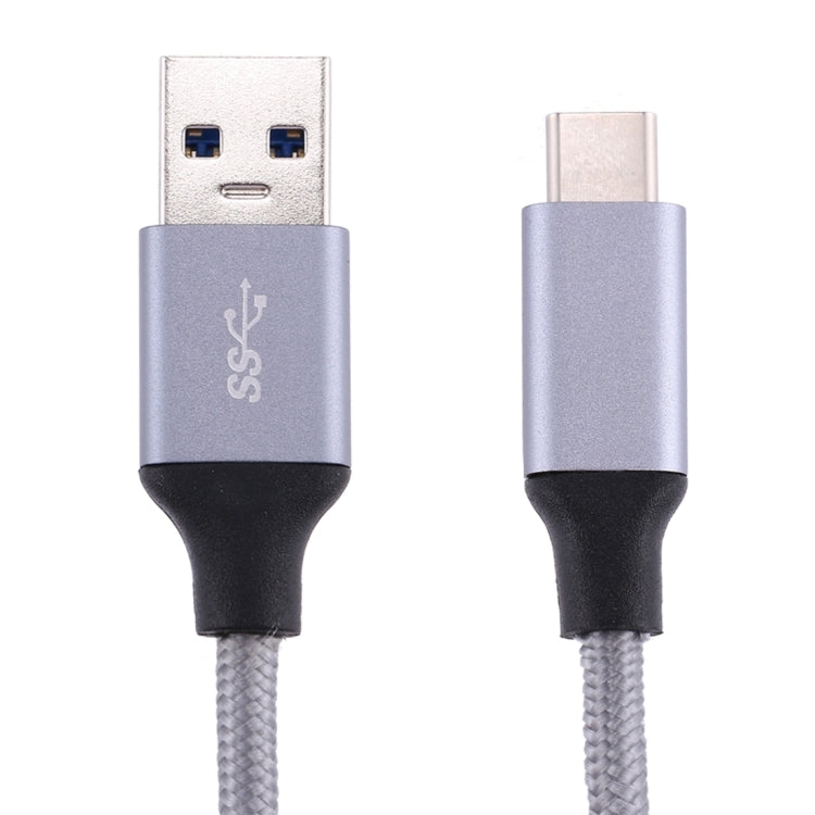 USB-C to USB 3.0 braided cable set with silver USB-A and USB-C ends, gray mesh