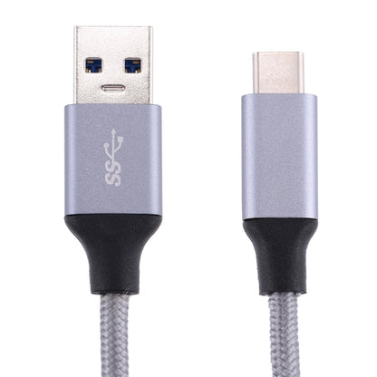 USB-C to USB 3.0 braided cable set with silver USB-A and USB-C ends, gray mesh