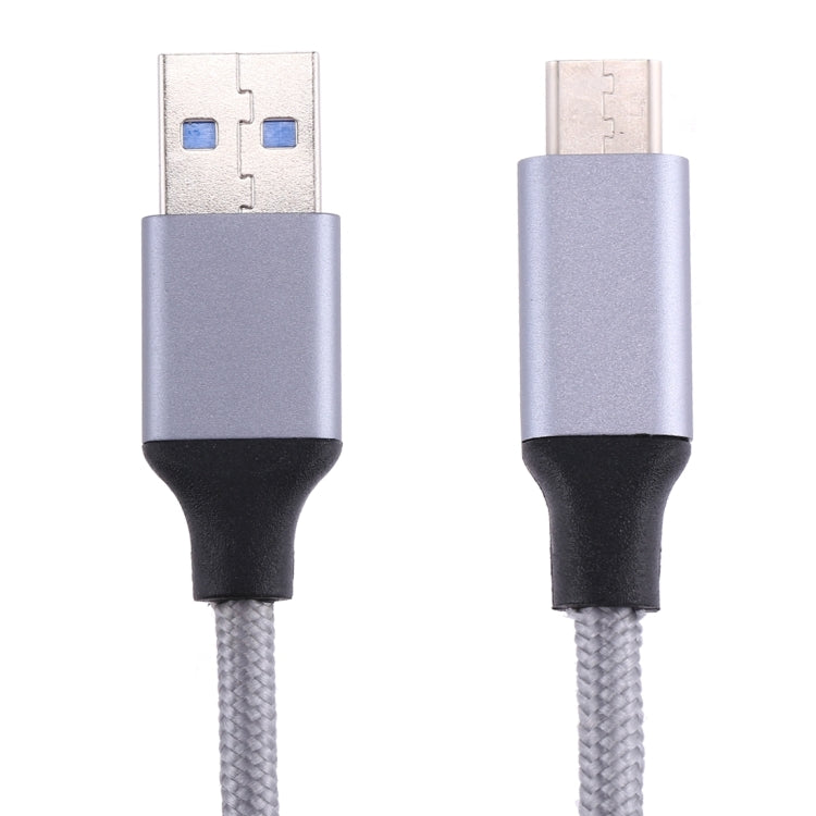 USB-C to USB 3.0 data charging cable with silver USB-A plug, silver USB-C plug, gray braid