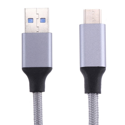 USB-C to USB 3.0 data charging cable with silver USB-A plug, silver USB-C plug, gray braid