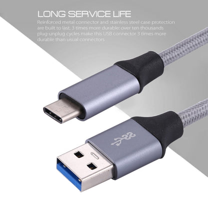 USB-C to USB 3.0 braided cable showing USB-C and USB-A connectors with black strain relief