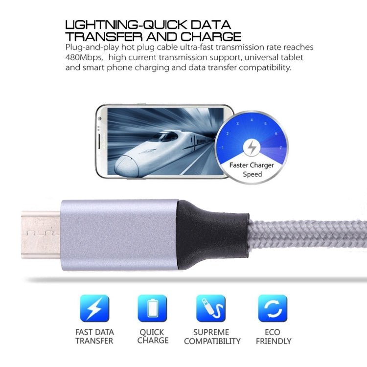 USB-C to USB 3.0 charging cable with silver USB-A and USB-C ends and gray braided cord
