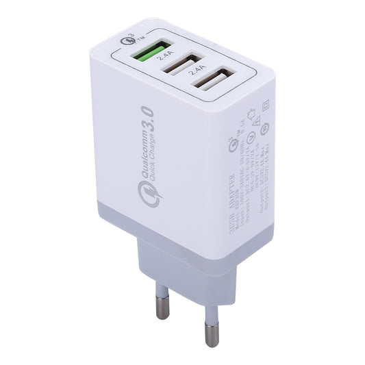 White USB wall charger with two ports and EU plug, Quick Charge 3.0