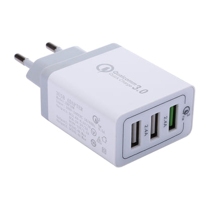 White USB wall charger with two USB ports, EU plug and QC3.0 label