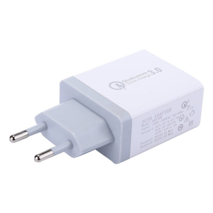 White EU plug USB charger block with two ports labeled Quick Charge 3.0