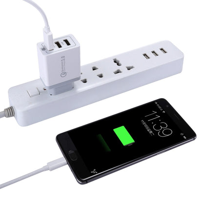 White USB wall charger with EU plug, powering a smartphone via cables