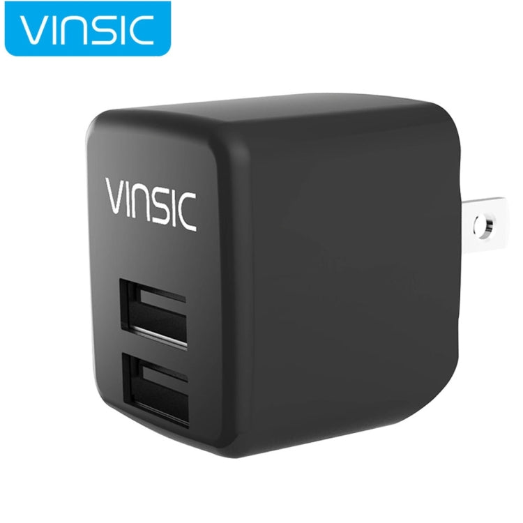 Black Vinsic dual USB wall charger with two USB ports and two-prong plug