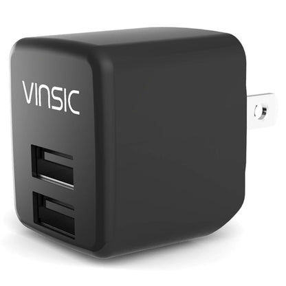 Black Vinsic dual USB wall charger with two USB ports and side plug