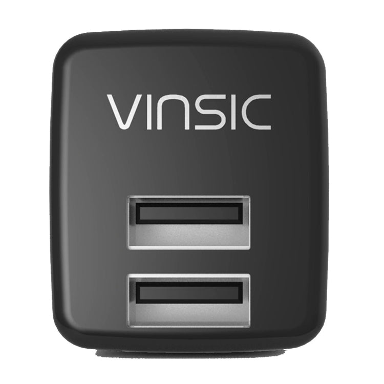 Black dual USB wall charger with two stacked USB ports and Vinsic logo