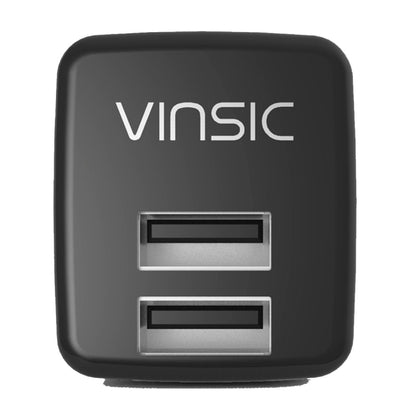 Black dual USB wall charger with two stacked USB ports and Vinsic logo