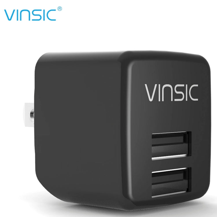 Black dual USB wall charger with two USB ports and Vinsic branding on side