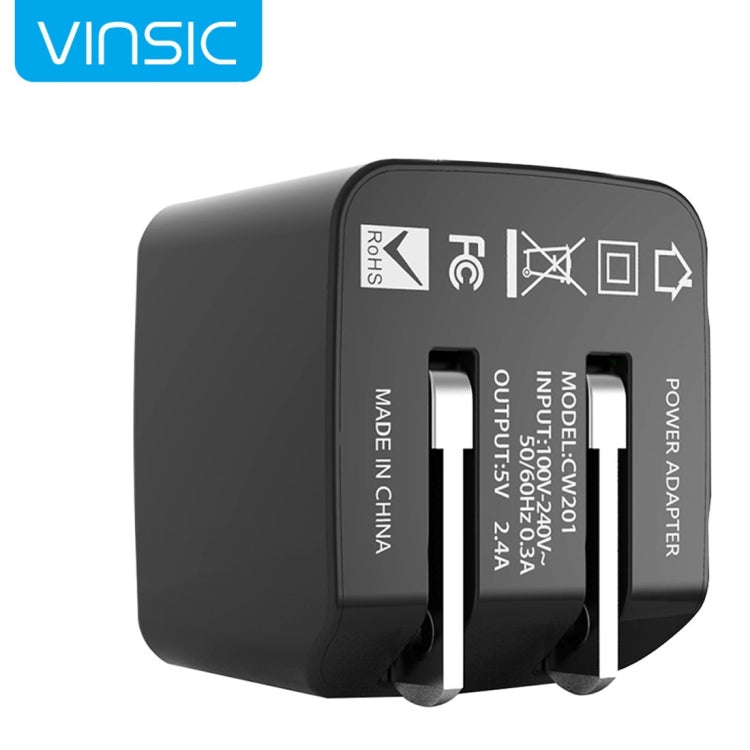Black dual USB wall charger back with Vinsic labels, input/output ratings, icons