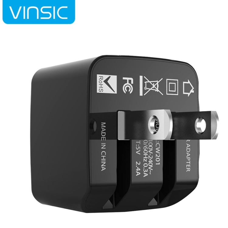 Black dual USB wall charger back with Vinsic specs and two-prong plug