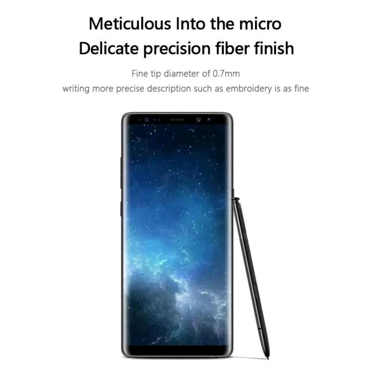 Black touch stylus S Pen for Galaxy Note 8 shown writing on the smartphone screen