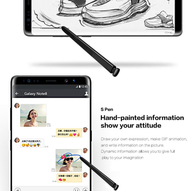 Black touch stylus S Pen for Galaxy Note 8 with the smartphone showing hand-drawn lines